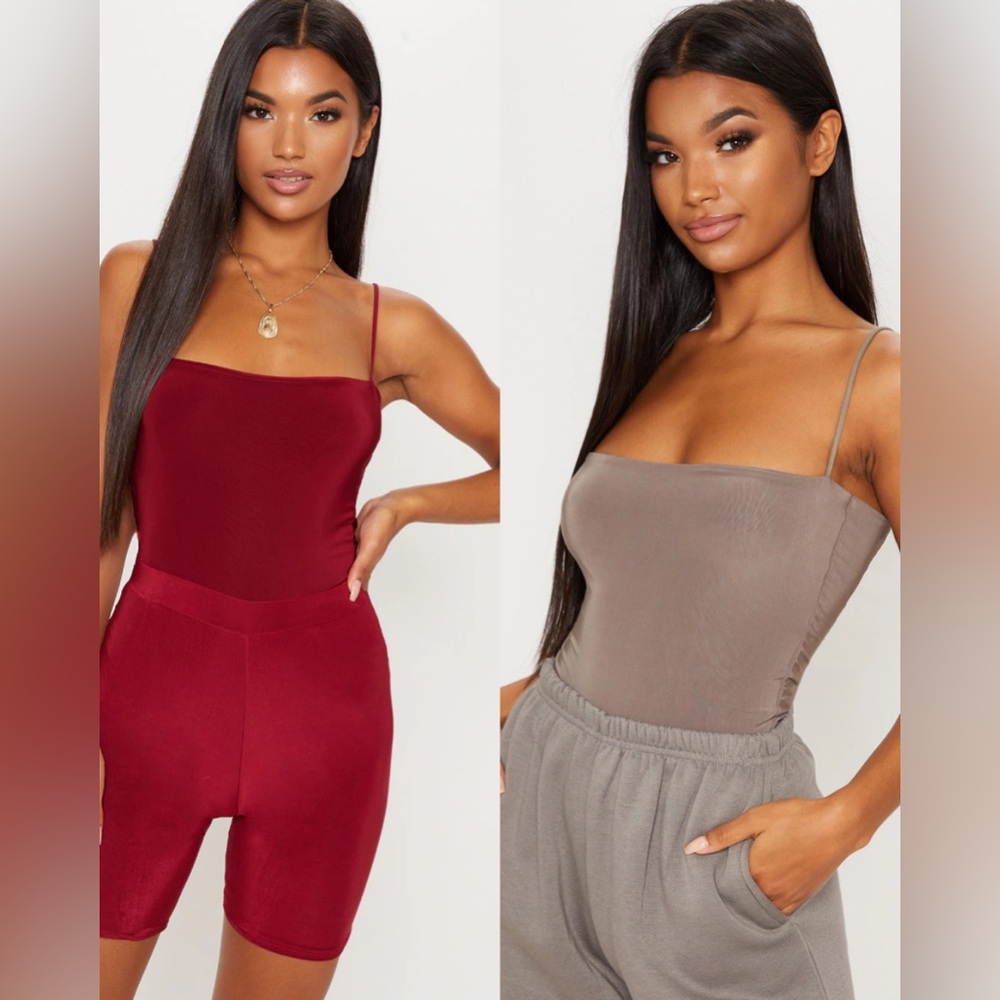 PLT 2x Pretty Little Thing Slinky Square Neck Spaghetti Strap Bodysuit Small